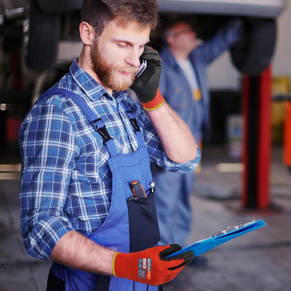 KAYGO Safety Work Gloves PU Coated for Men and Women- KG11P,12 Pairs,Seamless Knit Glove with Two Fingers Touchscreen,Ideal for General Duty Work (Red,S)