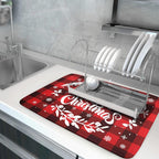 Merry Christmas Dish Drying Mat 18x24 Inch for Christmas Kitchen Counter Decor Absorbent Reversible Microfiber Red Buffalo Check Plaid Dishes Pad Dish Drainer Rack Mats Kitchen Accessories