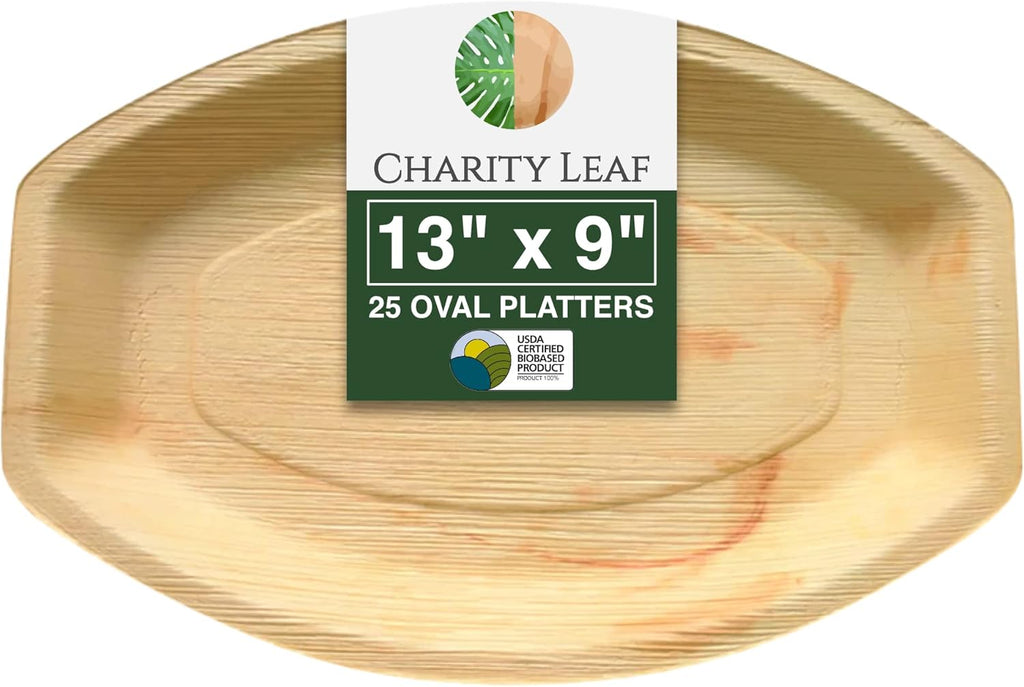 Charity Leaf Disposable Palm Leaf 13" x 9" Trays (25 pieces) Bamboo Like Serving Platters, Disposable Boards, Eco-Friendly Dinnerware For Weddings, Catering, Events