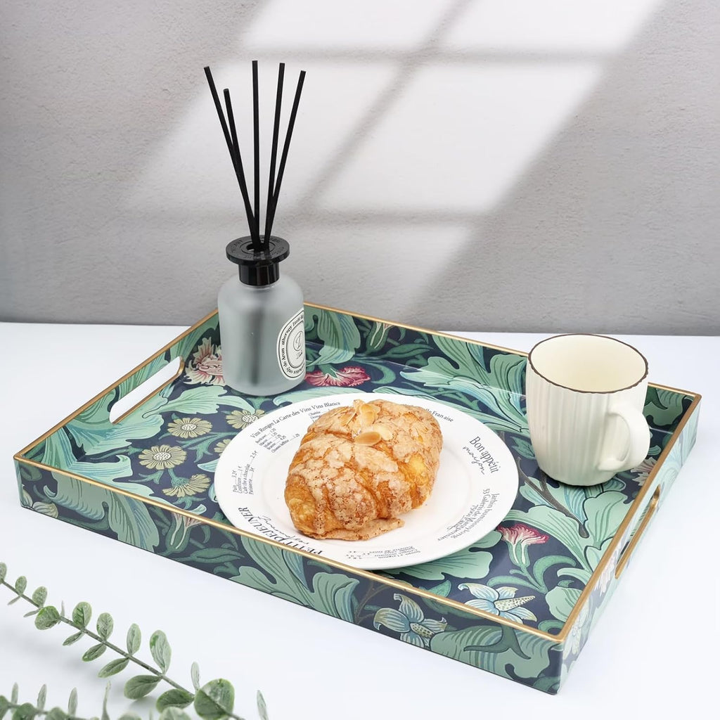 Spsyrine Serving Tray with Handles, Plastic Decorative Tray for Coffee Table, Living Room, Home Decor, Leicester