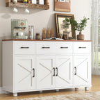 55" Sideboard Buffet Cabinet with Storage, Coffee Bar Cabinet with 3 Drawers and 4 Barn Doors, Long Storage Cabinet Modern Farmhouse, White Wood, for Kitchen, Dining Room, Living Room
