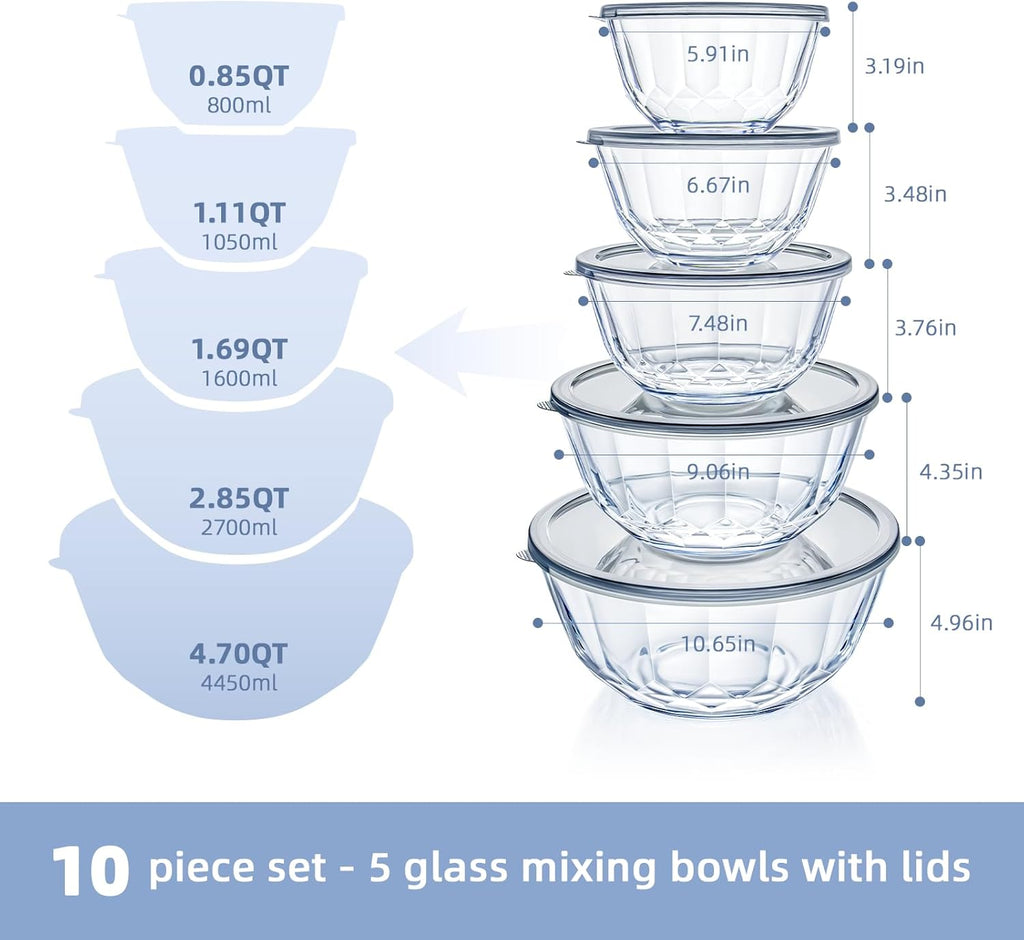 WhiteRhino Glass Mixing Bowls with Lids Set of 5（4.70QT,2.85QT, 1.69QT,1.11QT,0.85QT,Glass Bowls with Lids,Large Salad Bowls Space-Saving Nesting for Cooking,Baking,Prepping,Dishwasher Safe
