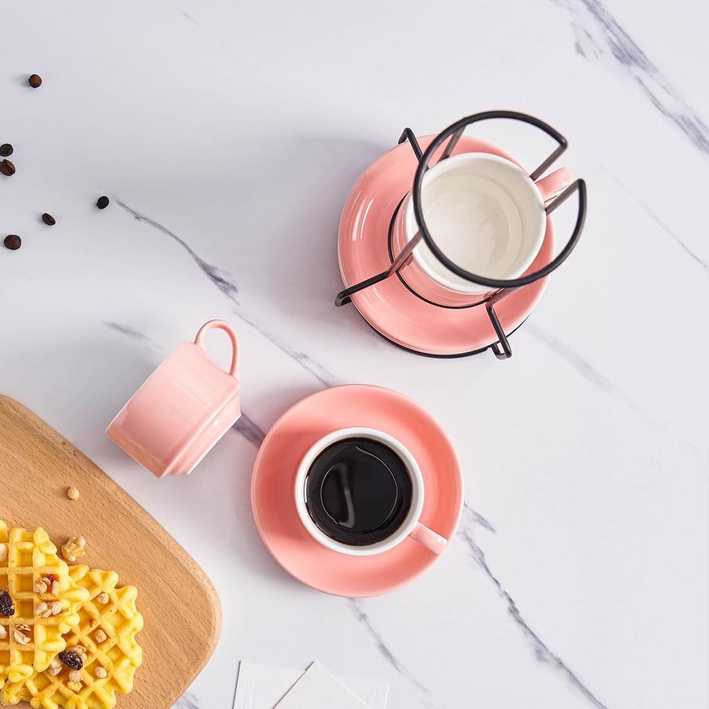 YOLIFE 2.5oz Porcelain Stackable Espresso Cups with Saucers and Metal Stand Set of 4, Stackable Cappuccino Cups, Pink Expresso Shots Cup Set for Coffee Drinks, Latte, Tea