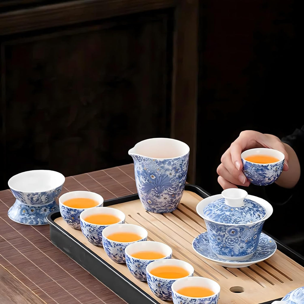 ICHAG Chinese Tea Set, Gongfu Tea Sets for Adults, Asian Gaiwan Teaset, 14-Piece Yangzhi Jade (羊脂玉茶具) with Suspended Gaiwan & Tea Pet, Portable Travel Teaset for Home, Outdoor, Office Gifts