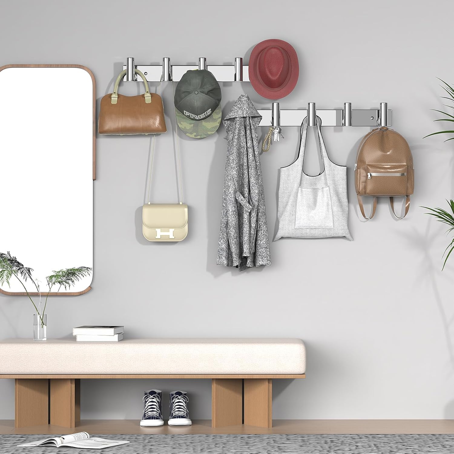 VAEHOLD Hat and Coat Wall Mount Rack - Hooks for Robes, Bags, Keys, and Towels - Bathroom Towel Hanger Organizer (Polished Chrome, “T“ Shape 5 Hooks 1 Pack)