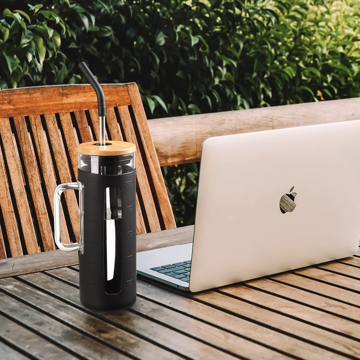 Kodrine Tumbler with Lid and Straw, 20 oz Glass Coffee Tumbler with Handle, Smoothie Cup with Bamboo Lid | Time Marker | Silicone Protective Sleeve, BPA Free - Black