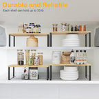 Cabinet Shelf Organizers, 15.7 inches Large Kitchen Counter Shelf, Set of 2 Wood Kitchen Pantry Organizer, Storage Shelves for Countertop, Spice Rack, Stackable, Expandable, Metal Black, Nature