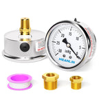 MEANLIN MEASURE -30inHG~0Psi Stainless Steel 1/4" NPT 2.5" FACE DIAL,Vacuum Liquid Filled Pressure Gauge,Single Scale, WOG Water Oil Air, Back Mount, with 1/2" NPT and 3/8" NPT Hex Bushing