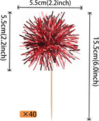 40 PCS Foil Firework Cupcake Toppers Sparkle Tinsel Cupcakae Picks Sparkler Fireworks Party Decorations Cocktail Fruit Toothpick for Birthday Wedding Graduation Party Decorations Supplies Red