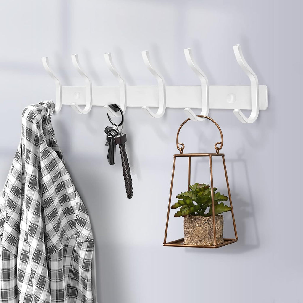 White Wall Hooks Heavy Duty, 12 Inch Coat Hooks Wall Mount with 4 Hooks, Wall Hooks Hangers for Entryway, Bathroom - for Hanging Backpack, Bag, Coat, Purse, Hat, Towel, Clothes