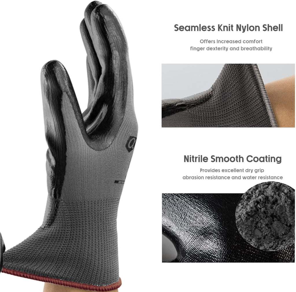 ANDANDA Smart Touch Work Gloves - 12 Pairs, 3D Comfort Stretch Fit, Nitrile Coated with Grip, Seamless Knit Nylon, Suitable for Warehousing, Logistics, Handling, Black (XL)