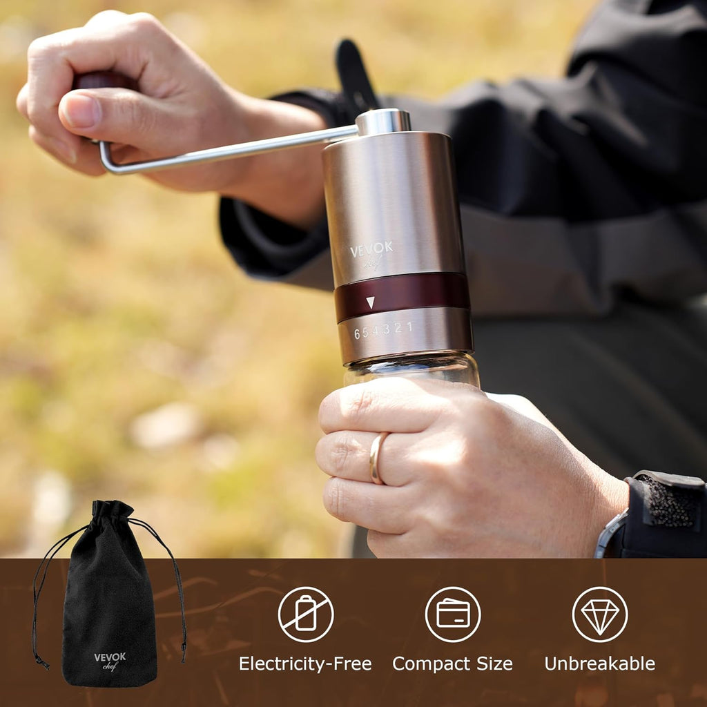 VEVOK CHEF Gold Manual Coffee Grinder Stainless Steel Burr Coffee Grinder with Portable Bag External Adjustable Setting Small Hand Coffee Grinder Ultra Fine for Espresso at Home Morning Coffee
