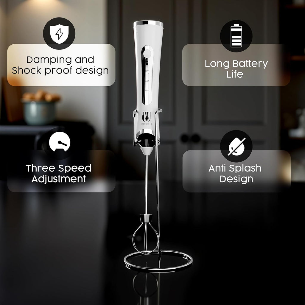 Rechargeable Handheld Milk Frother - Electric Foam Maker - Portable Coffee Frother Wand with 2 Heads - Stainless Steel Electric Whisk for Coffee, Latte, Cappuccino, Macchiato, Hot Chocolate (White)