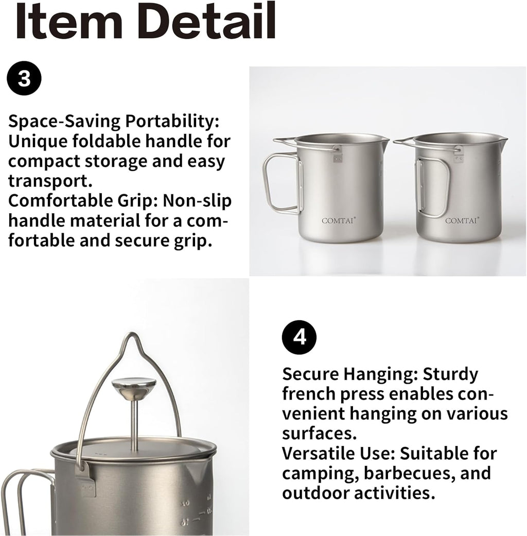 Titanium French Press Pot 750mL/25 fl oz Coffee Maker Camping with Lid and Filter Titanium French Press Cup Backpacking for Outdoor Hiking Camp