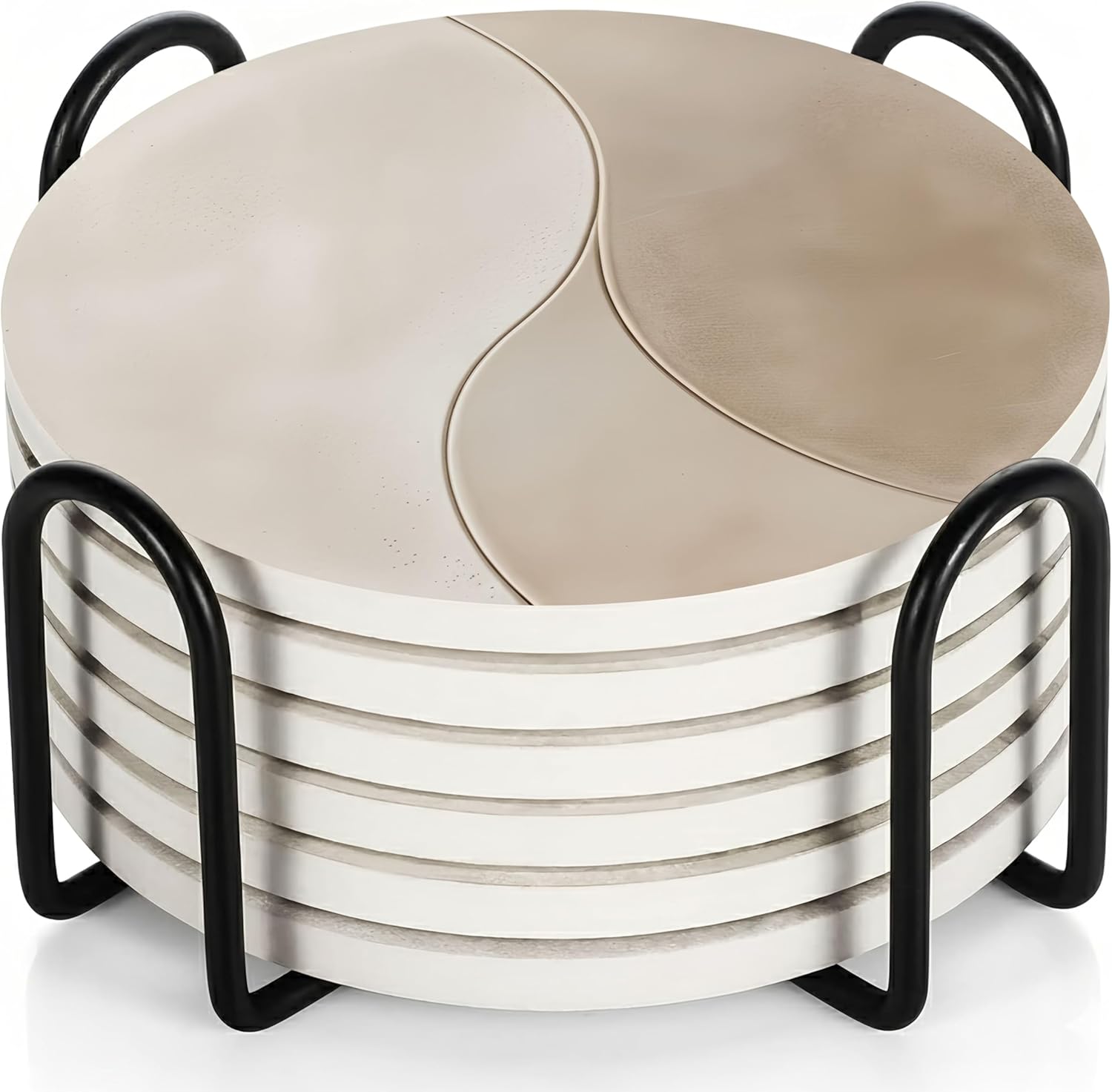 VEYRO Coasters Set of 6 for Drinks – Absorbent Ceramic Stone Drink Coasters with Cork Backing for Coffee Table & Desk, Modern Marble Look Cup Coaster Set, Housewarming Gift for New Home