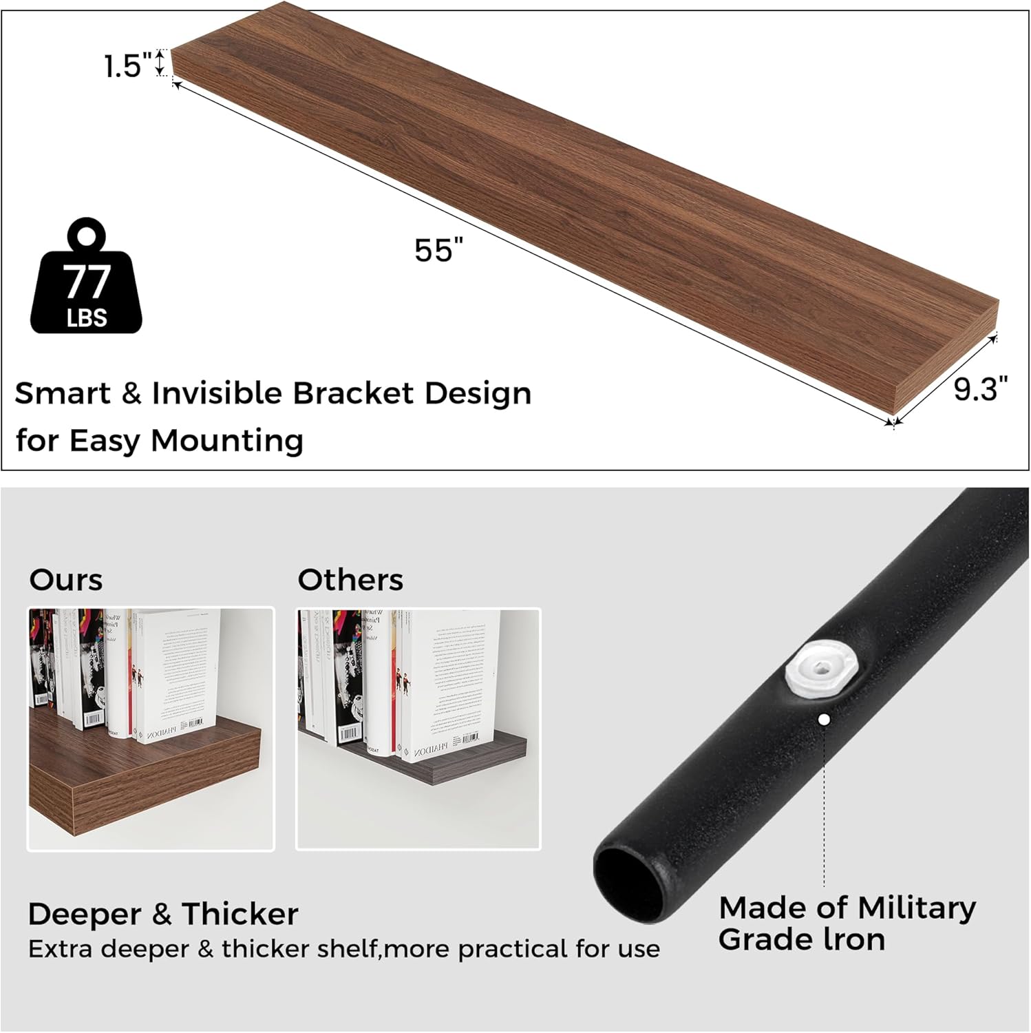 Floating Shelves for Wall, Large Wall Mounted Shelves with Invisible Brackets, Long Wood Floating Shelf for Living Room, Bedroom, Kitchen, (Walnut, 55" W x 9" D x 1.5" H)