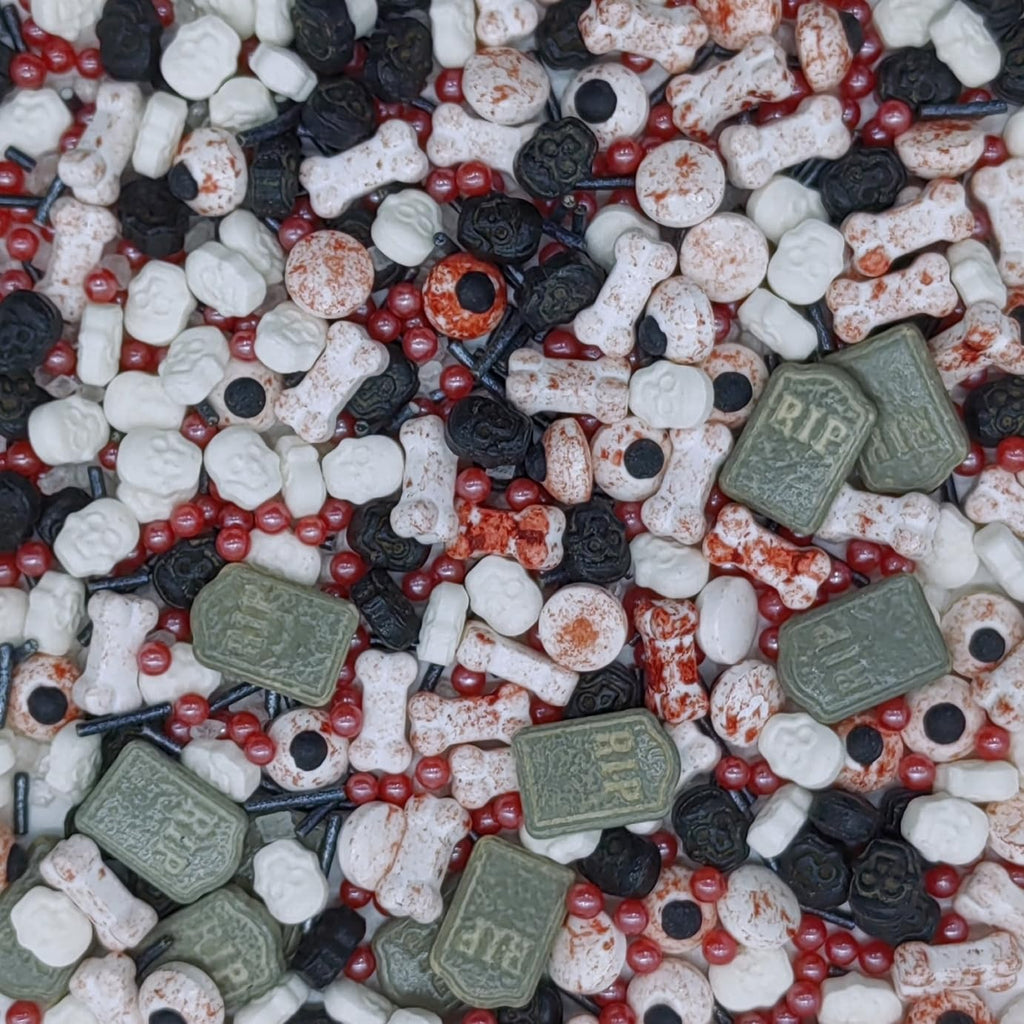 Halloween Sprinkles Gravestones & Bones & Eyes & Skull Topper Edible Themed Sprinkles For Cookie Decorating, Chocolate Desserts, Cupcakes, Ice Cream 4.58OZ