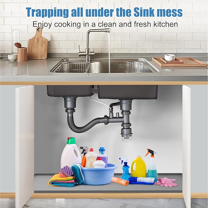 Under Sink Mat for Kitchen Waterproof, 31" x 19" Silicone Under Sink Liner Kitchen & Bathroom Cabinet Protector Mats, Heavy Duty Flexible Under Sink Drip Tray with Lip, Cool Grey