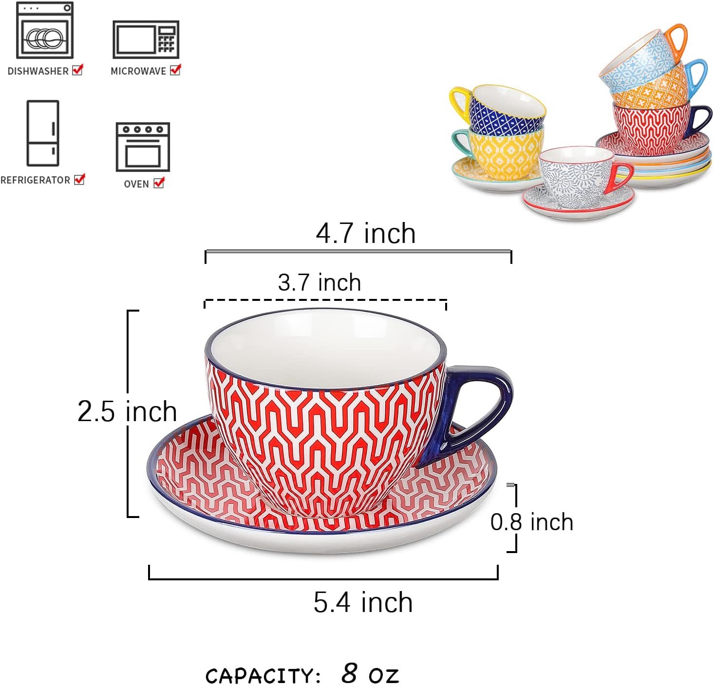 Selamica Ceramic 8 oz Cappuccino Cup Set with Saucers, Espresso Coffee Cups, Latte Macchiato for Party Cafe Home, Set of 6, Assorted Colors