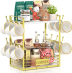 EsLuker.ly Coffee Bar Station Organizer Mug Cup Holder Stand for Countertop, Multi-Functional 2 Tier Mug Tree Rack for Kitchen, Storage Shelf with 12 Hooks, White-Gold
