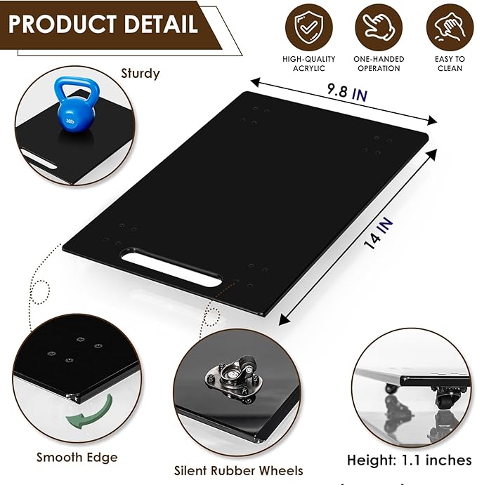 360° Sliding Tray for Coffee Maker & Kitchen Appliances - Silent Rubber Wheels, Acrylic Organizer Tray for Under Cabinet - Space Saving Countertop Accessory, 9.8x14 Inch (Black)