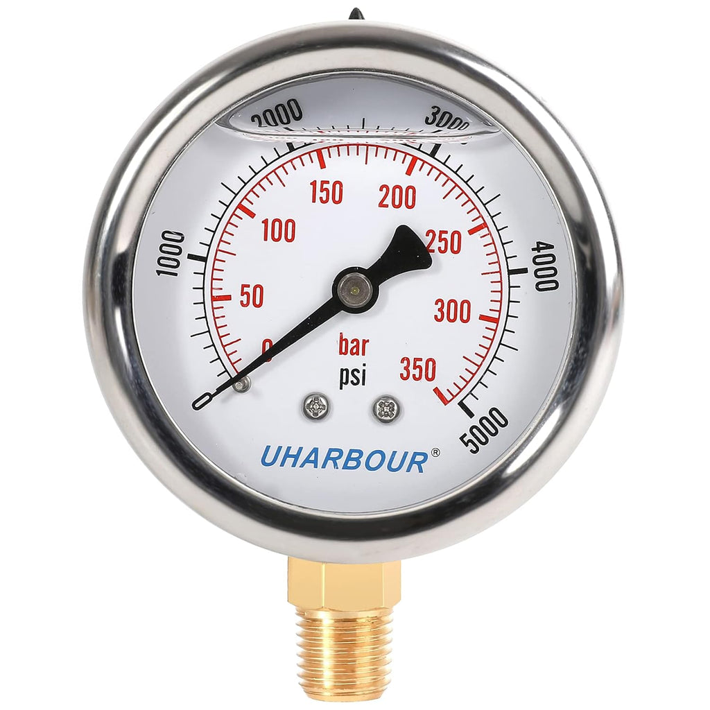 Glycerin Filled Pressure Gauge 5000psi/350bar, Stainless Steel case, Brass Inside Construction, 2-1/2" dial, 1/4" NPT Rear Connection.