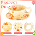 Cappuccino Cups with Saucers 8 oz Latte Art Cup Ceramics Coffee Mugs Irregular Aesthetic Flower Cups for Espresso, Double Shot, Americano, Latte, Tea - Microwave and Dishwasher Safe (Orange Flowers)