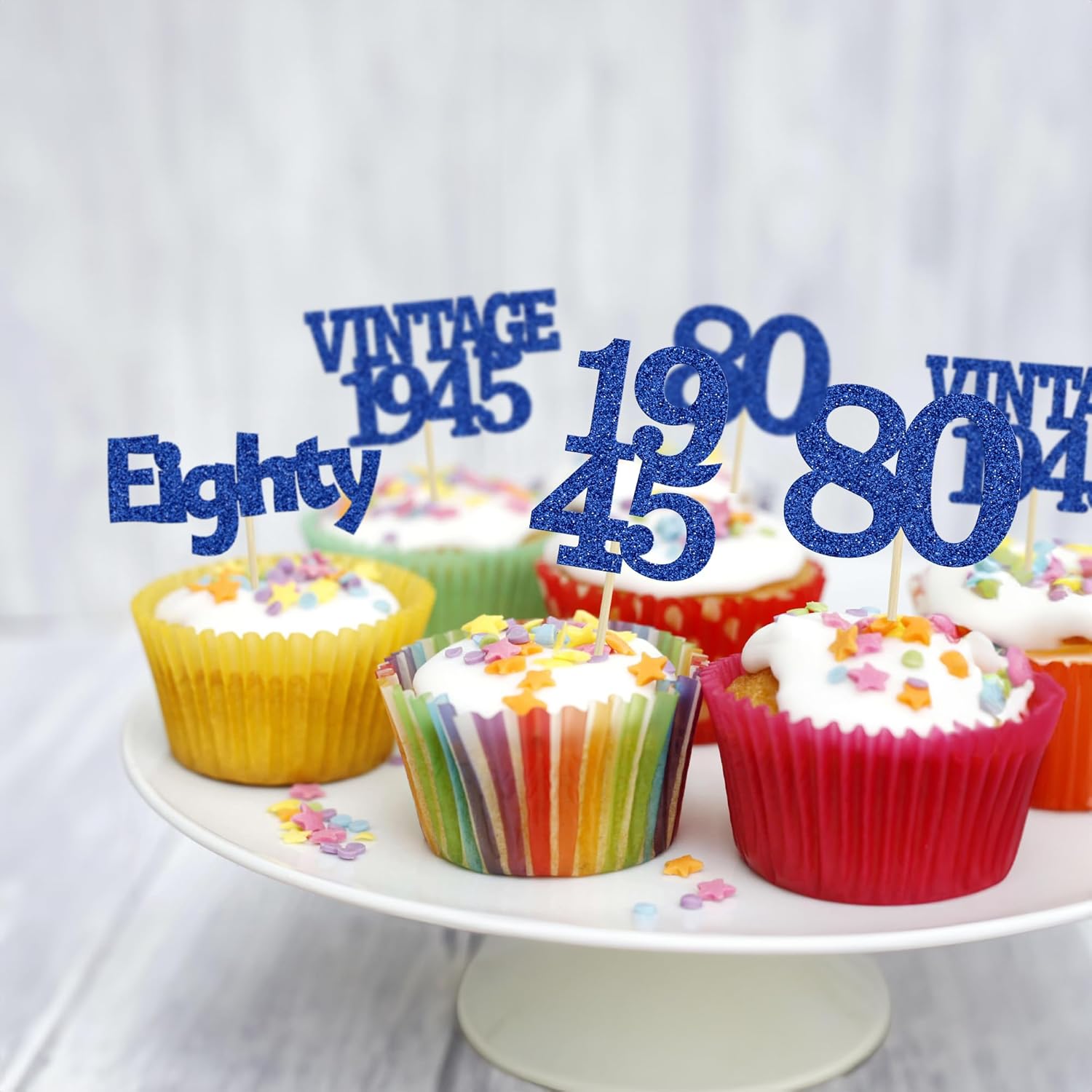 Gyufise 24Pcs Vintage 1945 Cupcake Toppers Glitter Cheers to 80 Fabulous Eighty Cupcake Picks 80th Birthday Wedding Anniversary Party Cake Decorations Supplies Deep Blue