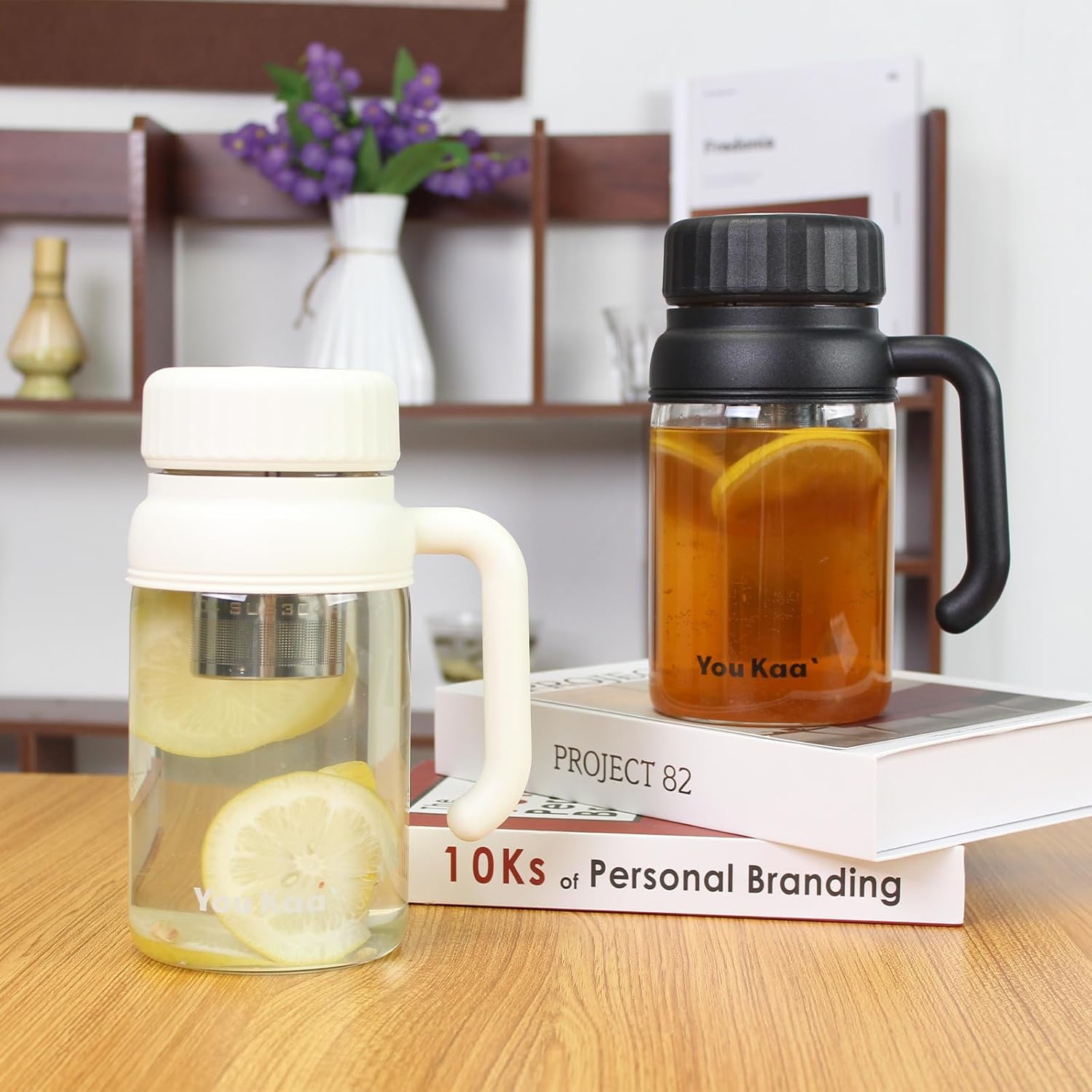 32oz Glass Water Bottle, Tea Bottle with Infuser & Handle, BPA-Free Leakproof Wide Mouth Large Tea Infuser Bottle for Hot or Cold Drinks, Loose Tea, Fruit (White)