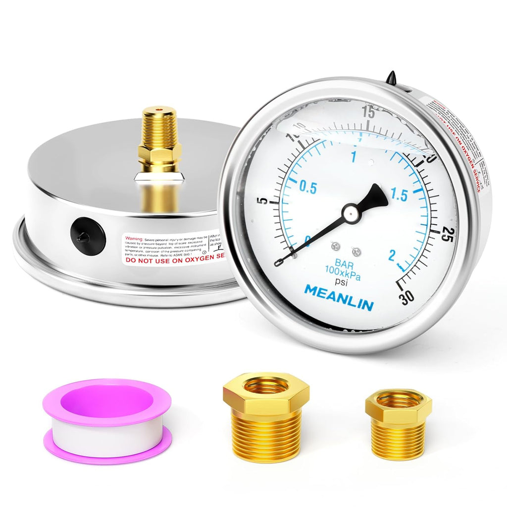 MEANLIN MEASURE 0~30Psi Stainless Steel 1/4" NPT 4" FACE DIAL Liquid Filled Pressure Gauge WOG Water Oil Air Back Mount, with 1/4" x 1/2" NPT and 1/4" x 3/8" NPT Hex Bushing