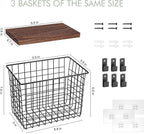 Wall Hanging Baskets 3 Pack, Large Diversified Wire Basket Shelves of Wooden Style, with Wall Mounted Metal Hooks & Traceless Stickers, for Kitchen Coffee Bar Office Room Garage Storage Organization