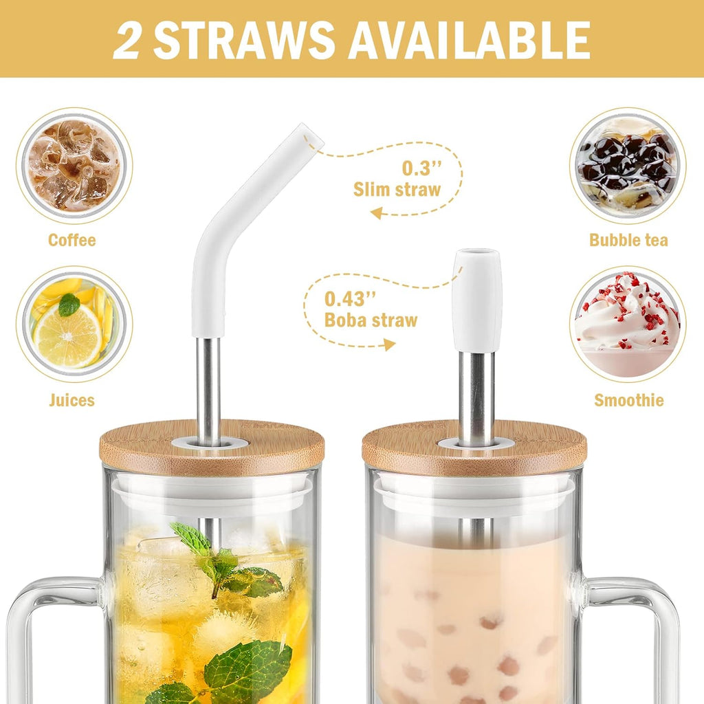 Kodrine Tumbler with Lid and Straw, 20 oz Glass Coffee Tumbler with Handle, Smoothie Cup with Bamboo Lid | Time Marker | Silicone Protective Sleeve, BPA Free - White