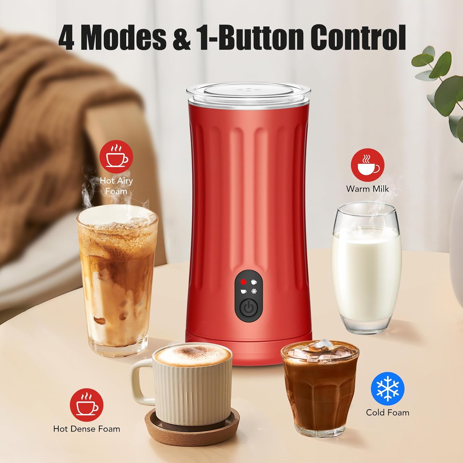 Milk Frother, Upgraded 4-in-1 Milk Frother and Steamer, Hot and Cold Foam Maker and Milk Warmer with Temperature Control & Auto Shut-Off, Frother for Coffee, Latte, Cappuccino, Matcha(Red)