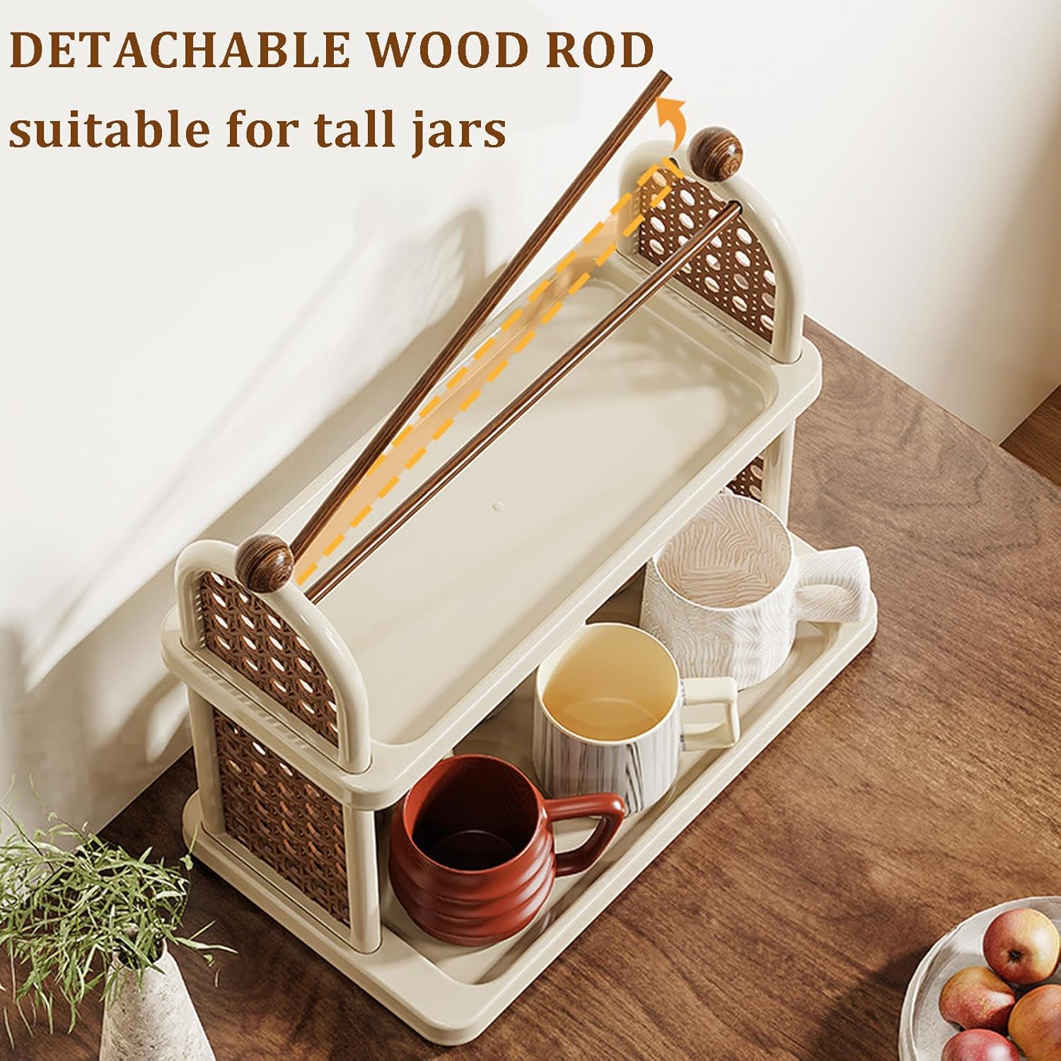 2-Tier Rattan Organizer Vintage Coffee Mug Cup Holder for Countertop Kitchen Bedroom and Living Room, Saucer Bottle Storage Kitchen Accessories (Black)