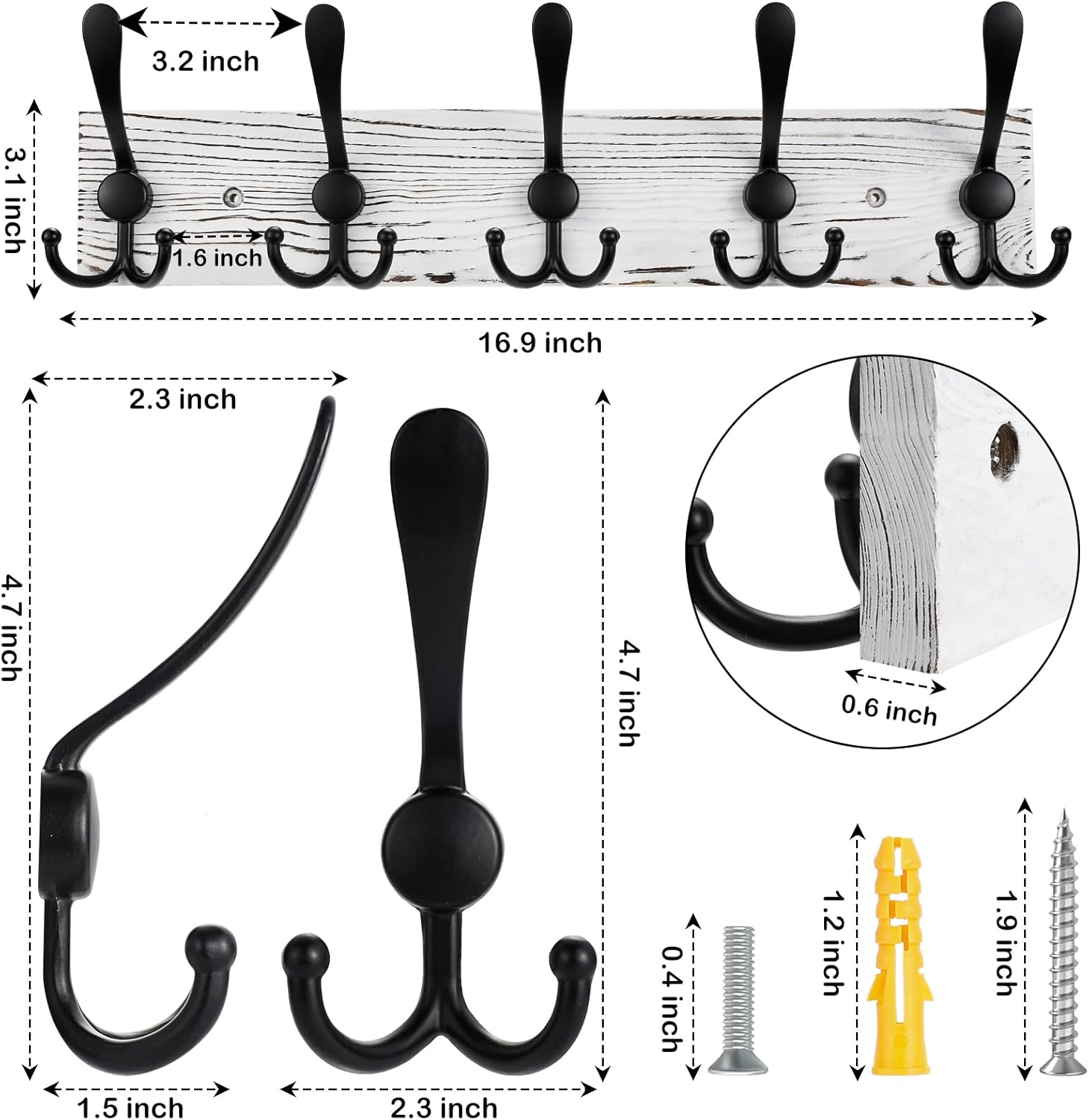 Coat Rack Wall Mount Wooden Hat Rack for Wall Hooks Pine Real Wood Plank 16.9" White Coat Hanger with 5 Black Triple Hooks for Hanging Coat Hat Jacket
