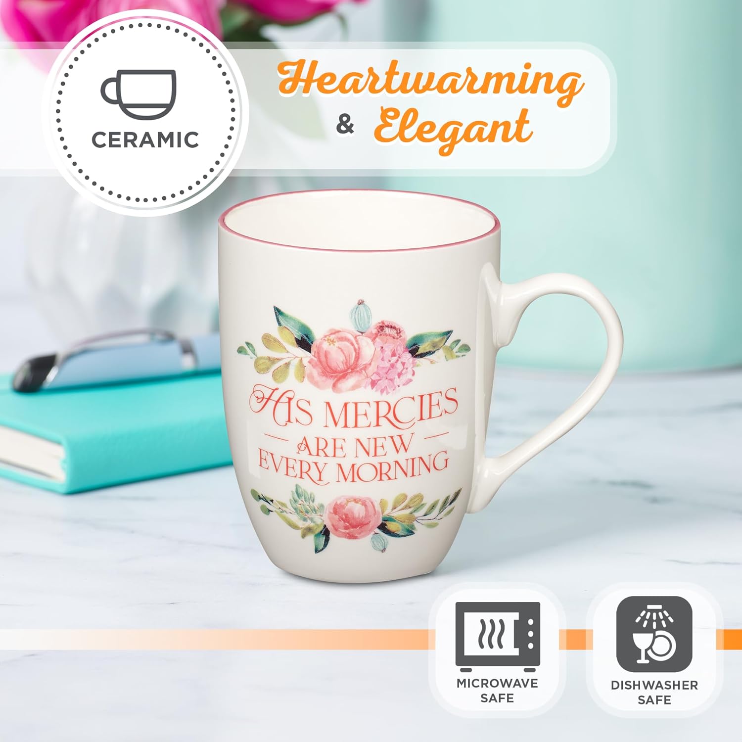 Christian Art Gifts Inspirational Ceramic Coffee & Tea Mug for Women: Mercies are New Every Morning Encouraging Bible Verse, Microwave & Dishwasher Safe Novelty Drinkware, White & Pink Floral 12 oz.