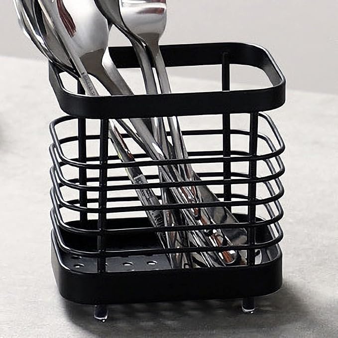 Utensil Holder, Stainless Steel Sink Drying Rack, Silverware Cutlery Flatware Holder, Cutlery Drainer for Utensils, Rust-Proof Kitchen Sink Organizer (Black)