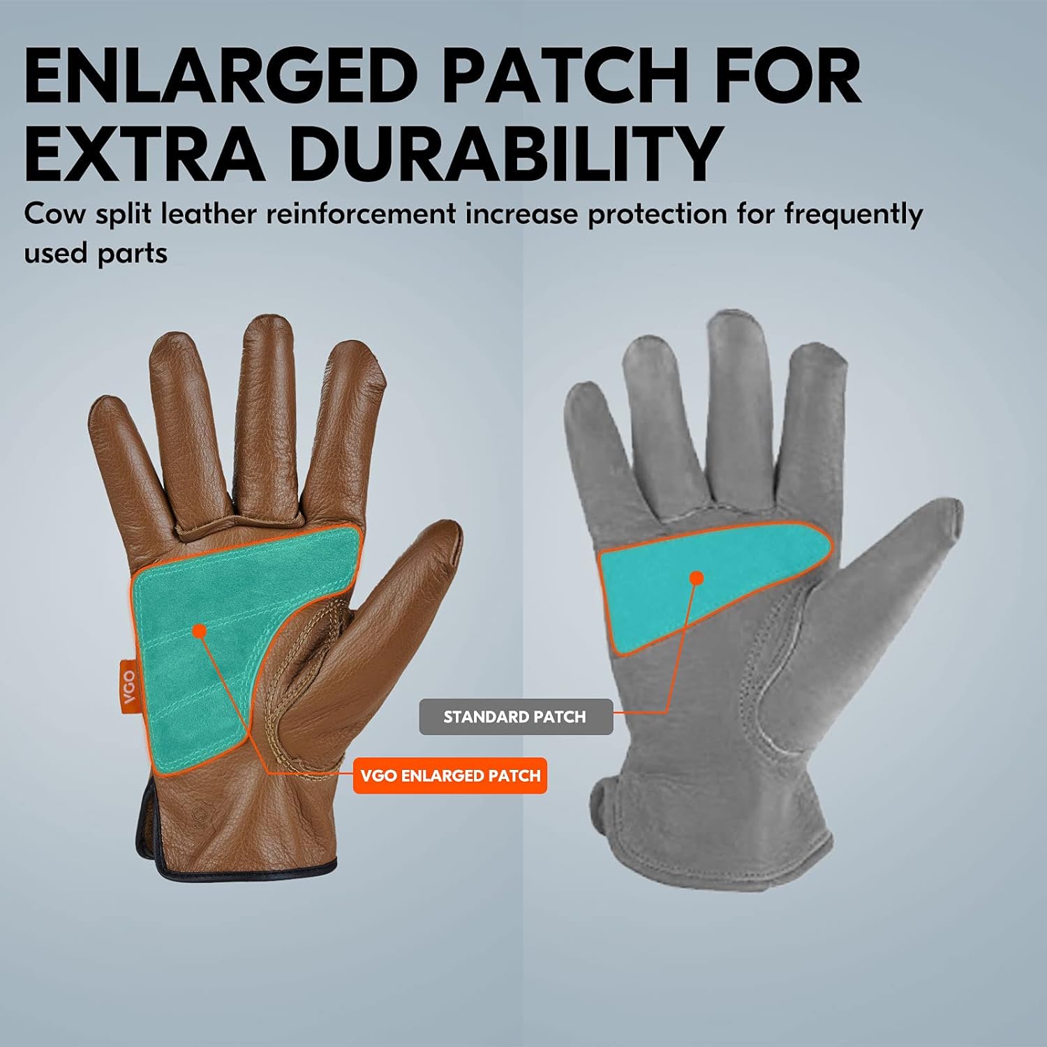 Vgo... 1-Pair Unlined Safety Cow Grain Leather Work Gloves Men, Rigger Gloves, Builder Gloves, Water Resistant, Palm Patched (Size S, Brown, CA9597WP)