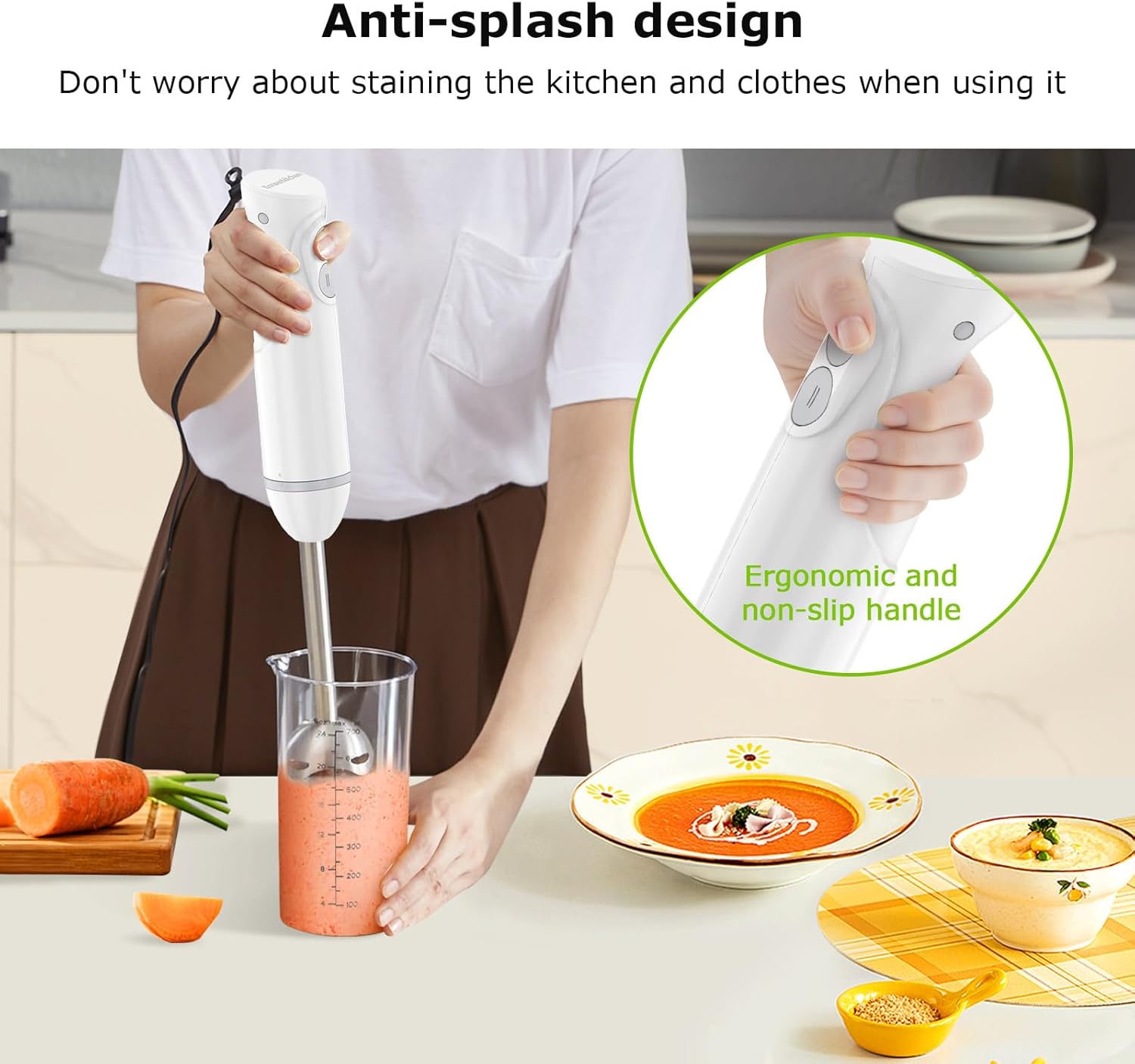 Bonsenkitchen Hand Blender, Immersion Blender with 2 Mixing Speed, 2-In-1 Hand Held Stick Mixer with Beaker for Soups, Smoothies, Sauce, White