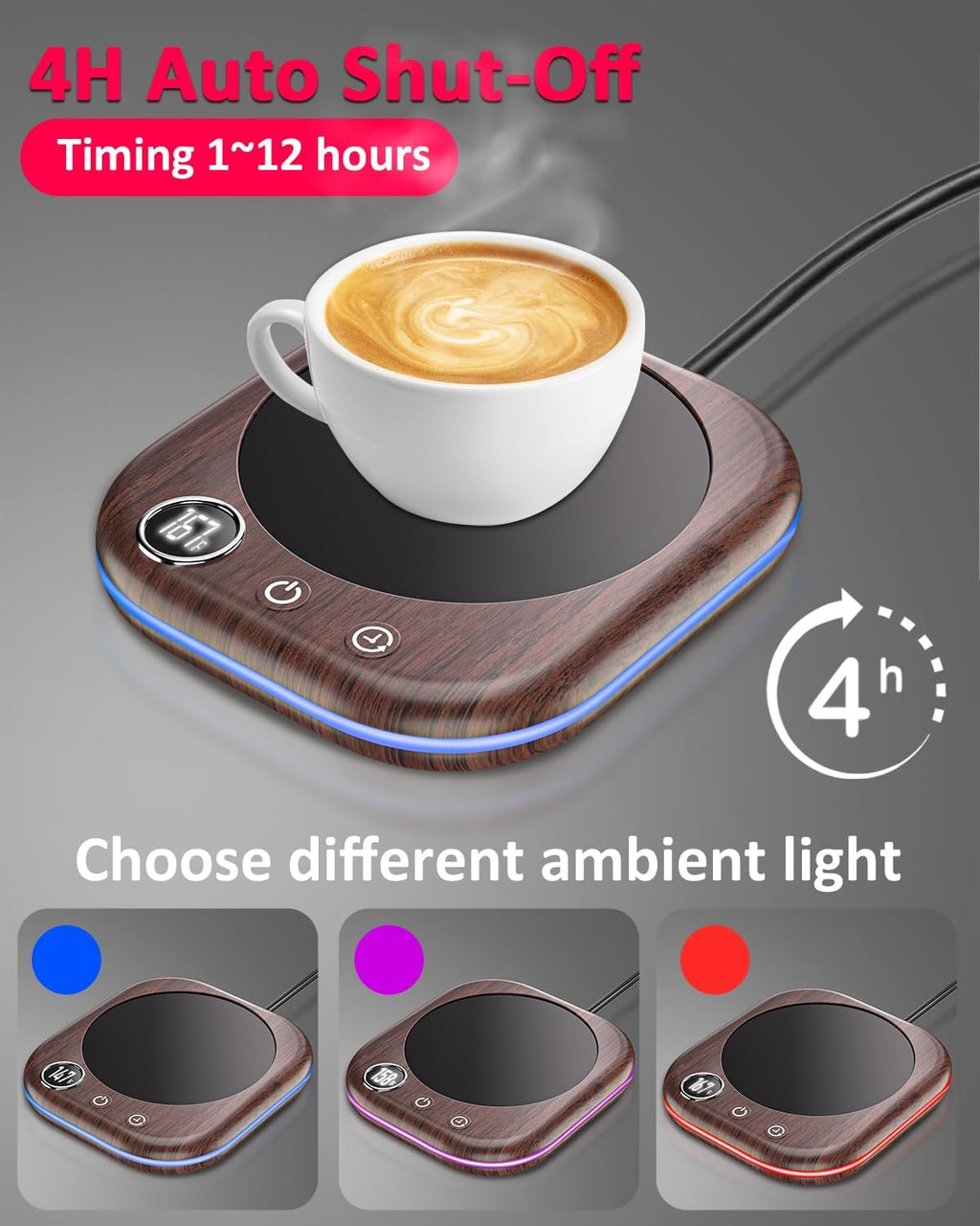 Mug Warmer,40W Coffee Mug Warmer for Desk with Temperature Display, 4 H Auto Shut Off, 3 Temp Settings & 1-12H Timer, Smart Electric Beverage Warmer for Coffee, Tea, Water, Milk and Coco(Wood Grain)