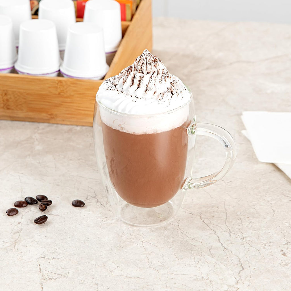 Restaurantware-Forma Professional 11.8 Ounce Glass Coffee Cups, 12 Insulated Coffee Cups With Handle - Dishwashable, Reusable, Clear Double Wall Beverage Tumblers, Freezable For Hot Or Cold Beverages