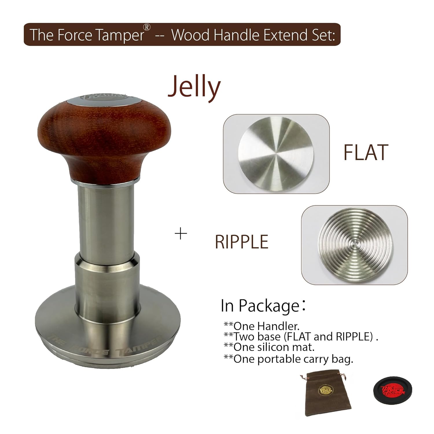 The Force Tamper Automatic Impact Adjustable Constant Pressure and Autoleveling Coffee Tamper Reddish Brown Jellyfish Wooden Handle Set Pro (Extend Set, 58.50mm)