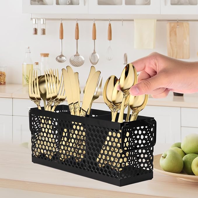 Kitchen Utensil Holder with 3Compartments Metal Mesh Silverware Caddy Organizer with Sturdy iron Base for Kitchen Countertop，White Cooking Utensil Crock