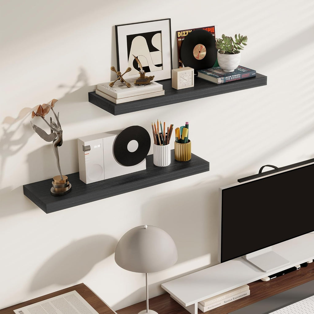 Fun Memories Rustic Floating Shelves for Home Decor, 8 Inch Deep Floating Shelf, Solid Wood Floating Wall Shelves 30 Inch Long, Deep Wall Shelves for Bathroom, Living Room, Black Finsh, Set of 2