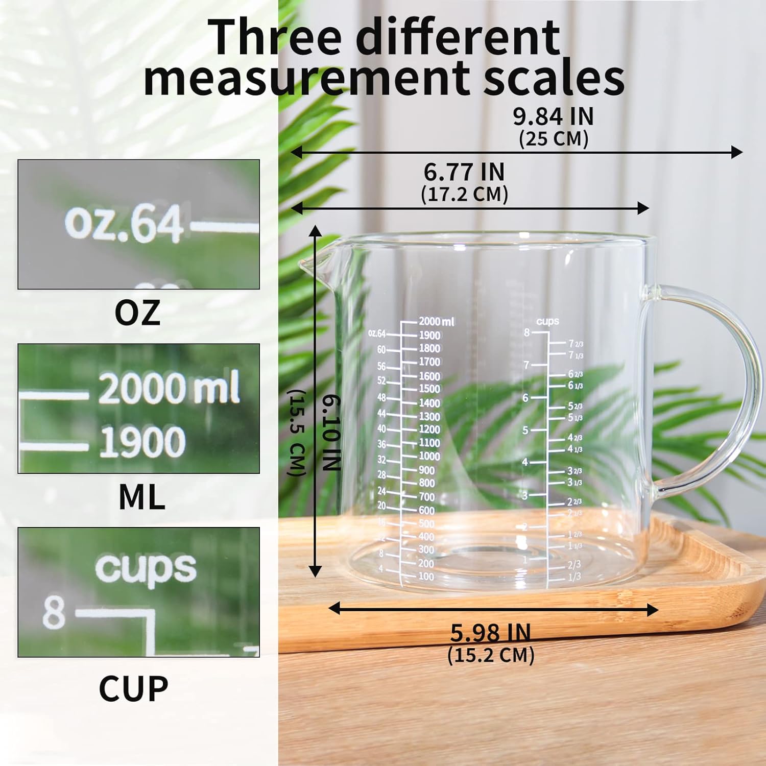 77L Glass Measuring Cup, [Insulated handle, V-Shaped Spout], High Borosilicate Glass Measuring Cup for Kitchen or Restaurant, Easy To Read, 2000 ML (2 Liter, 8 Cup)