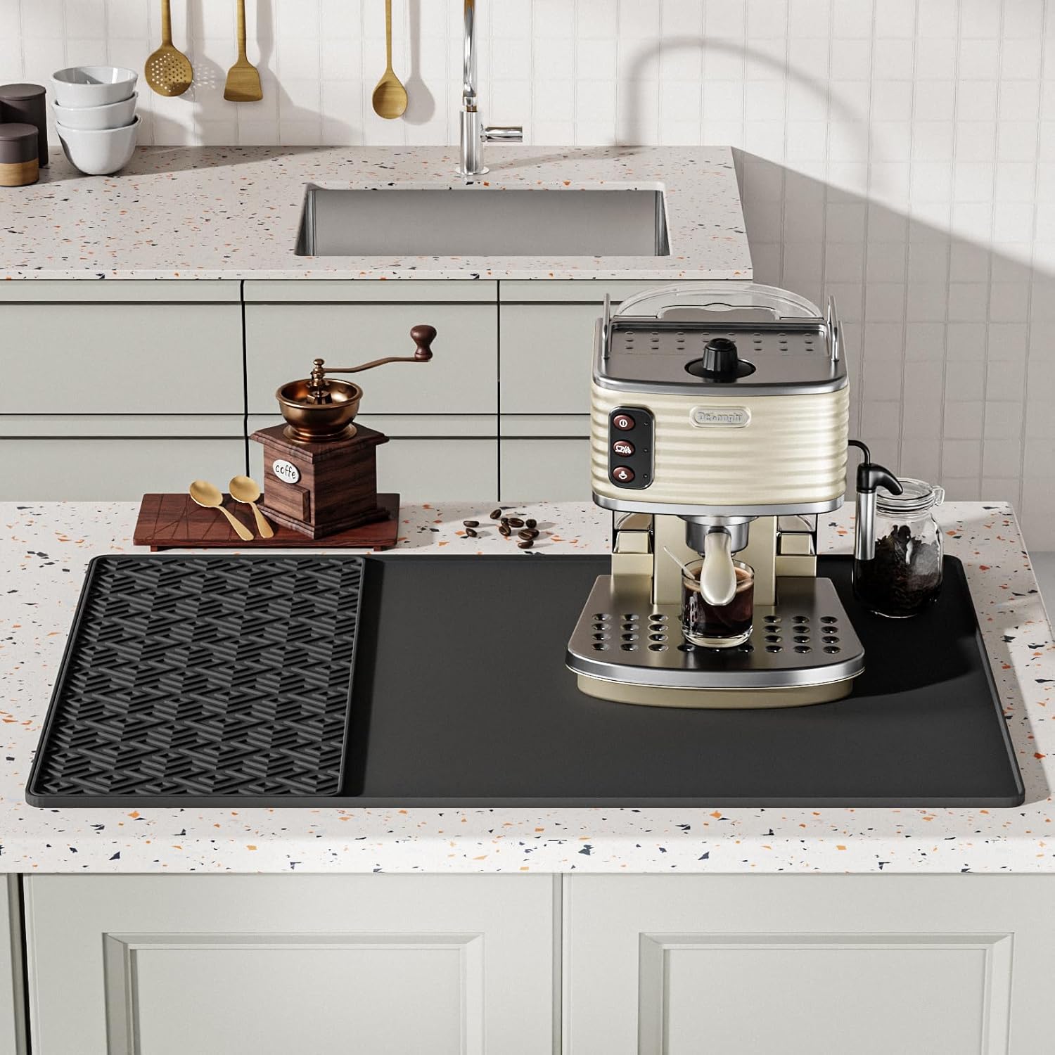 Silicone Coffee mat 24''x16'' – Non-Slip Bar Mat with Detachable Drying Layer for Espresso Machines, Countertops & Dish Racks