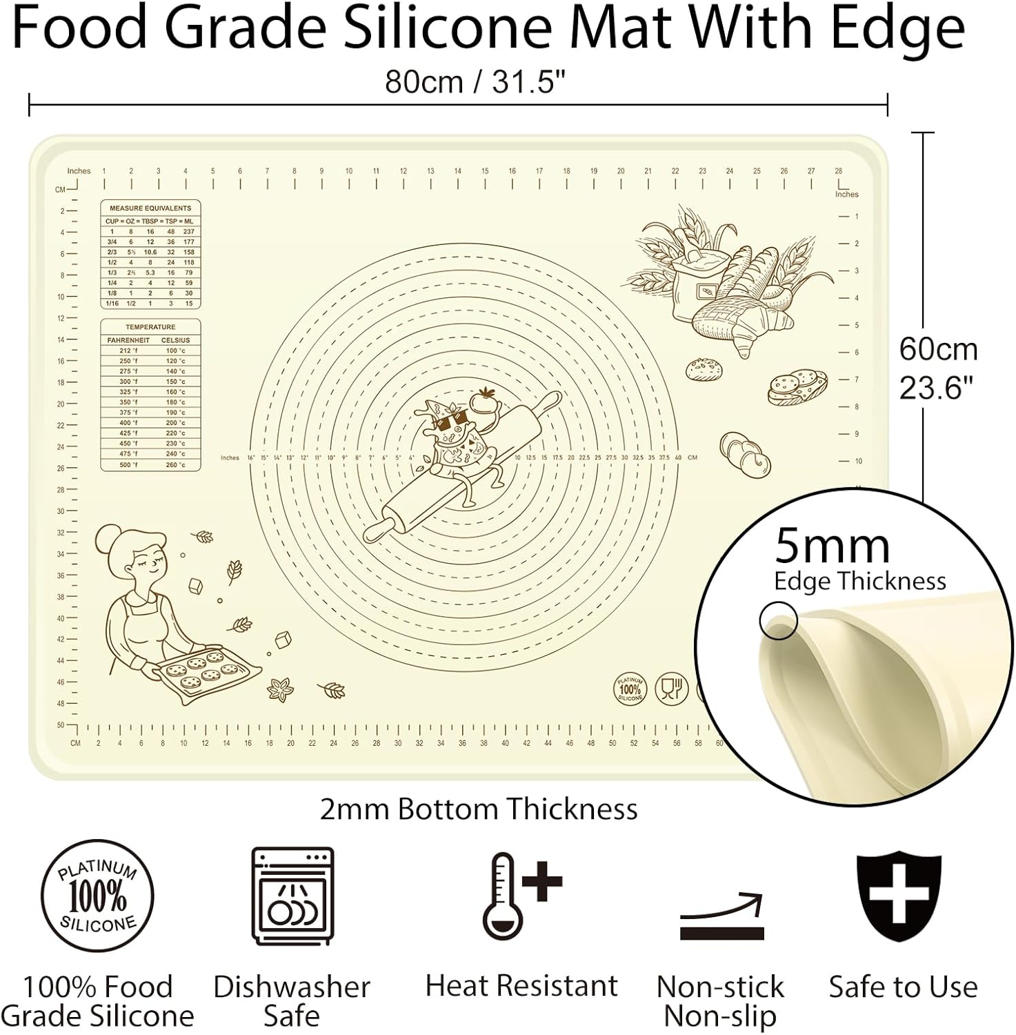 Silicone Baking Mat 32" x 24", Extra Thick Silicone Pastry Mat with Measurements and Edge Heightening, Non-stick Food Grade Dough Rolling Matfor for Pastry, Bread, Cookies, Pizza, Fondant, Pasta