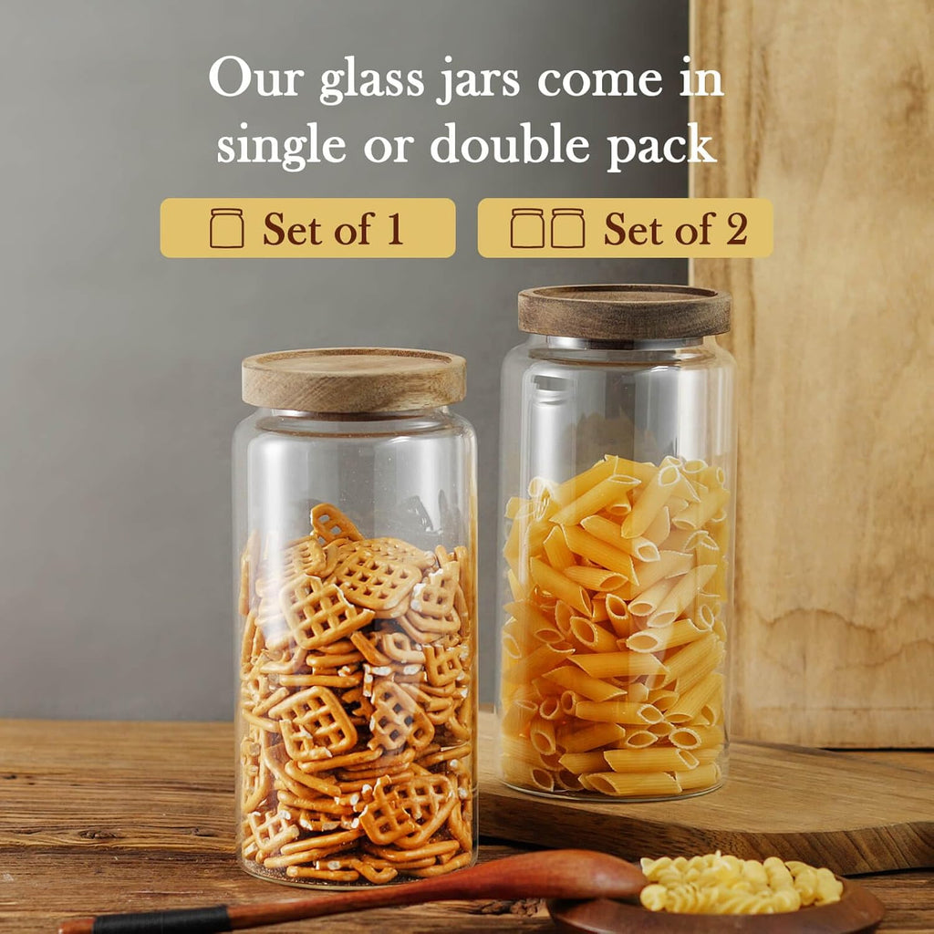 Labina Glass Storage Container Airtight Food Jars Kitchen Canister with Wood Lids, 40 Oz Wide Mouth Pantry Organization Glass Jar for Flour, Sugar, Cookie, Spagetti, Nuts and Candy (2 Pack)