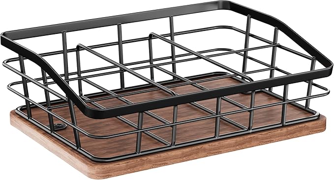 Tea Bag Organizer, Tea Bag Holder Storage with 6 Slots Iron Wire Basket with Wooden Base, Tea Bar Accessories for Countertop Cabinet Drawer, Tea Station for Coffee Capsules Creamer Sweetener Sugar