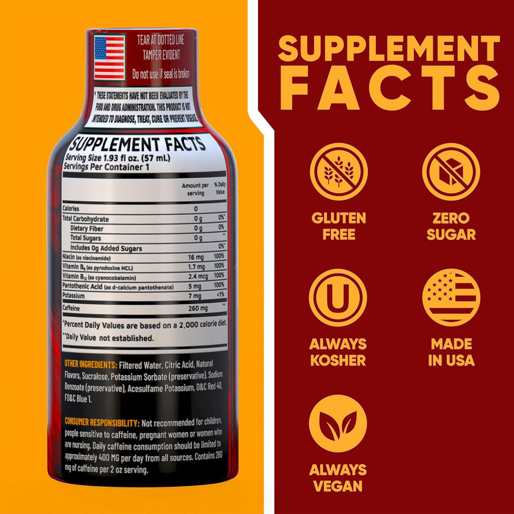 B12 Overload Extra Strength Energy Shot – Pomegranate – 260mg Caffeine, 14000% B12, Electrolytes – Energy & Vitality Support – Zero Sugar No Calories – Vegan, Kosher, Gluten-Free – 1.93 fl oz, 48-Pack